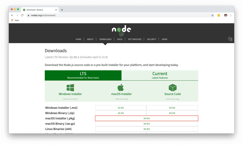 NodeJS download page