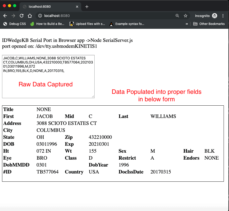 raw data captured and form populated