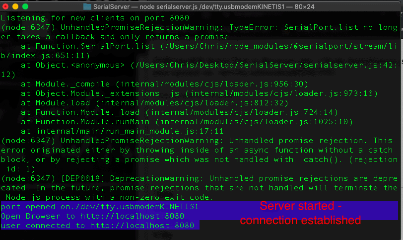 node serial server command establish connection