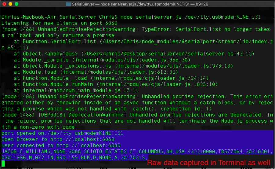 raw driver's liense data captured in terminal simultaneously with web form